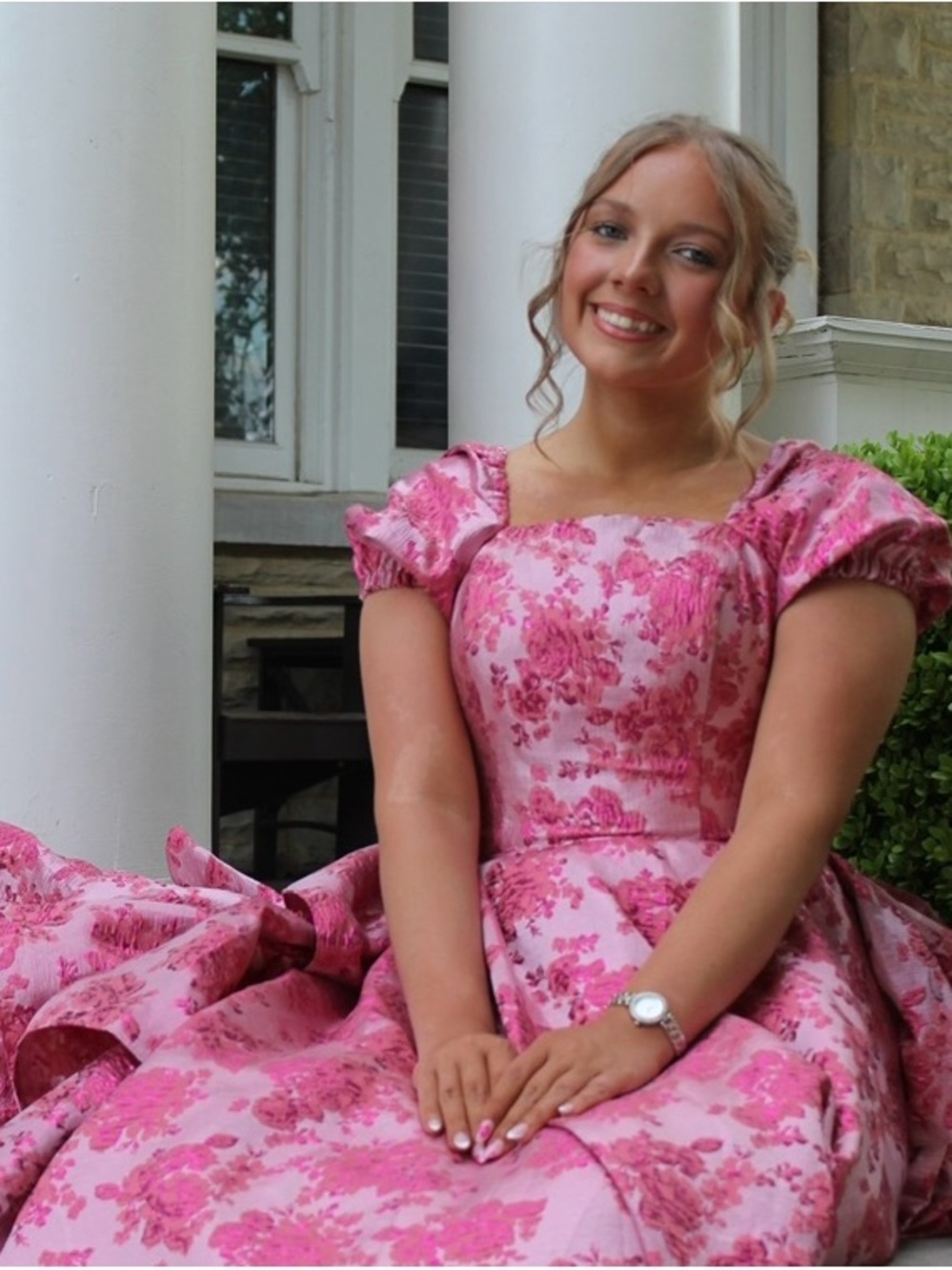 Pink Floral Puff-Sleeve Prom Dress with Square Neck